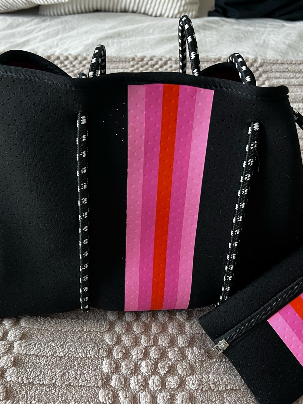 Black Neoprene Tote with Pink and Red Stripe